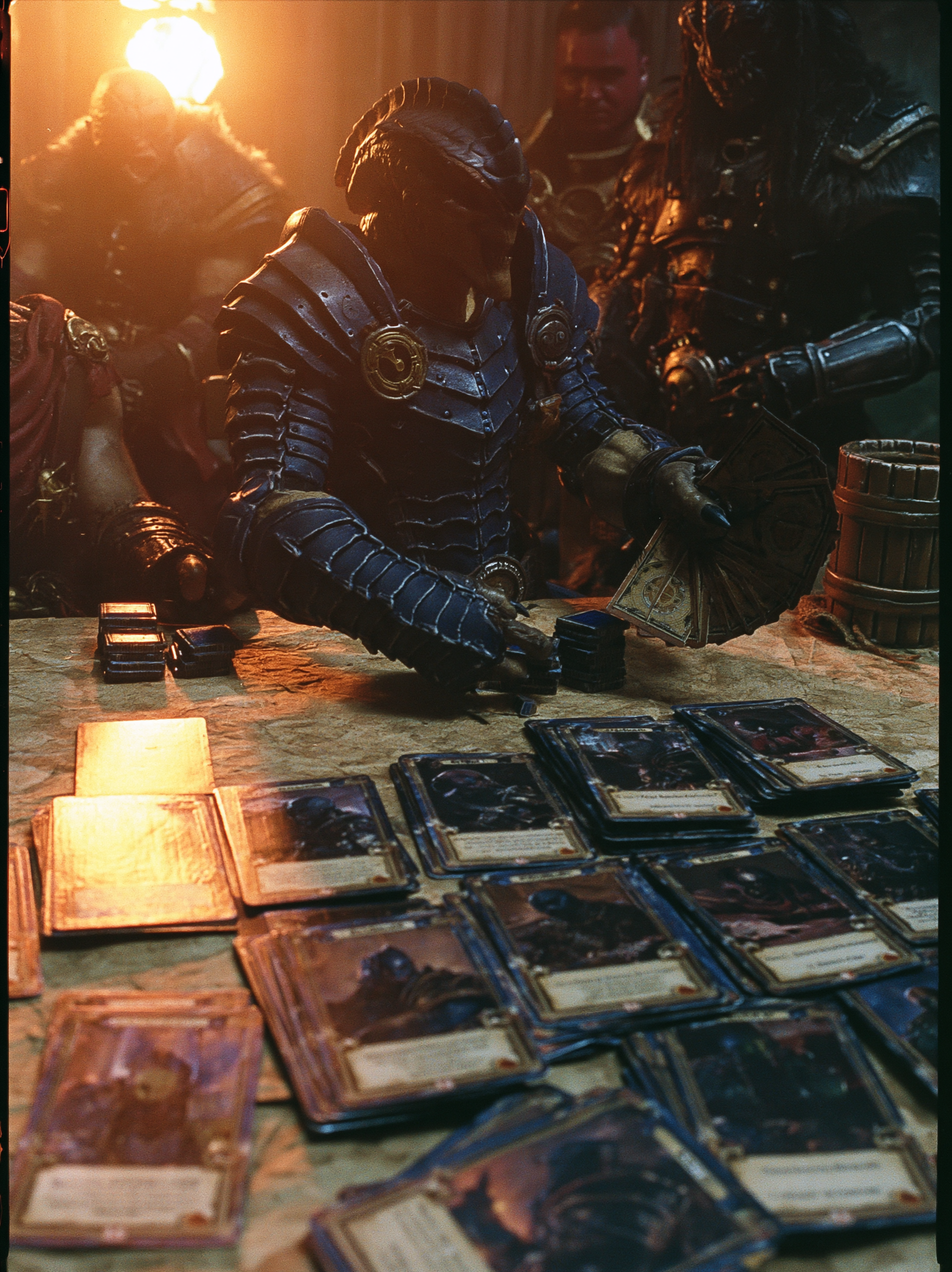 A sly alien figure mid-flourish over a gaming table as onlookers react in astonishment